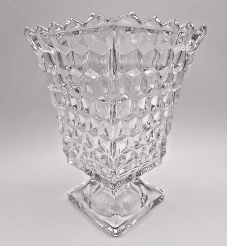 Vintage Fostoria American Cubist Pattern 6.5" Clear Crystal Square Footed Vase