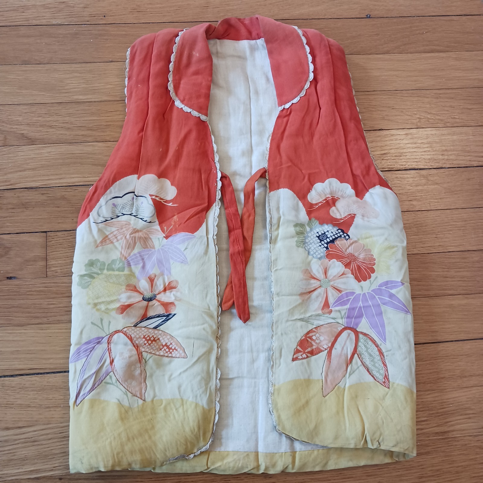 Vintage Child's Japanese Quilted Vest Floral Print Tie Front Old