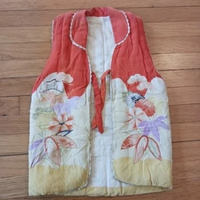 Vintage Child's Japanese Quilted Vest Floral Print Tie Front Old