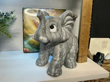 Ceramic Hand Painted 8" Elephant Mother & Baby Gray Trunks Up Heavy Weight EUC