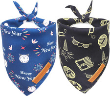 Happy New Year Dog Bandanas 2 Pack, Reversible Holiday Pet Scarf for Boy and Gir