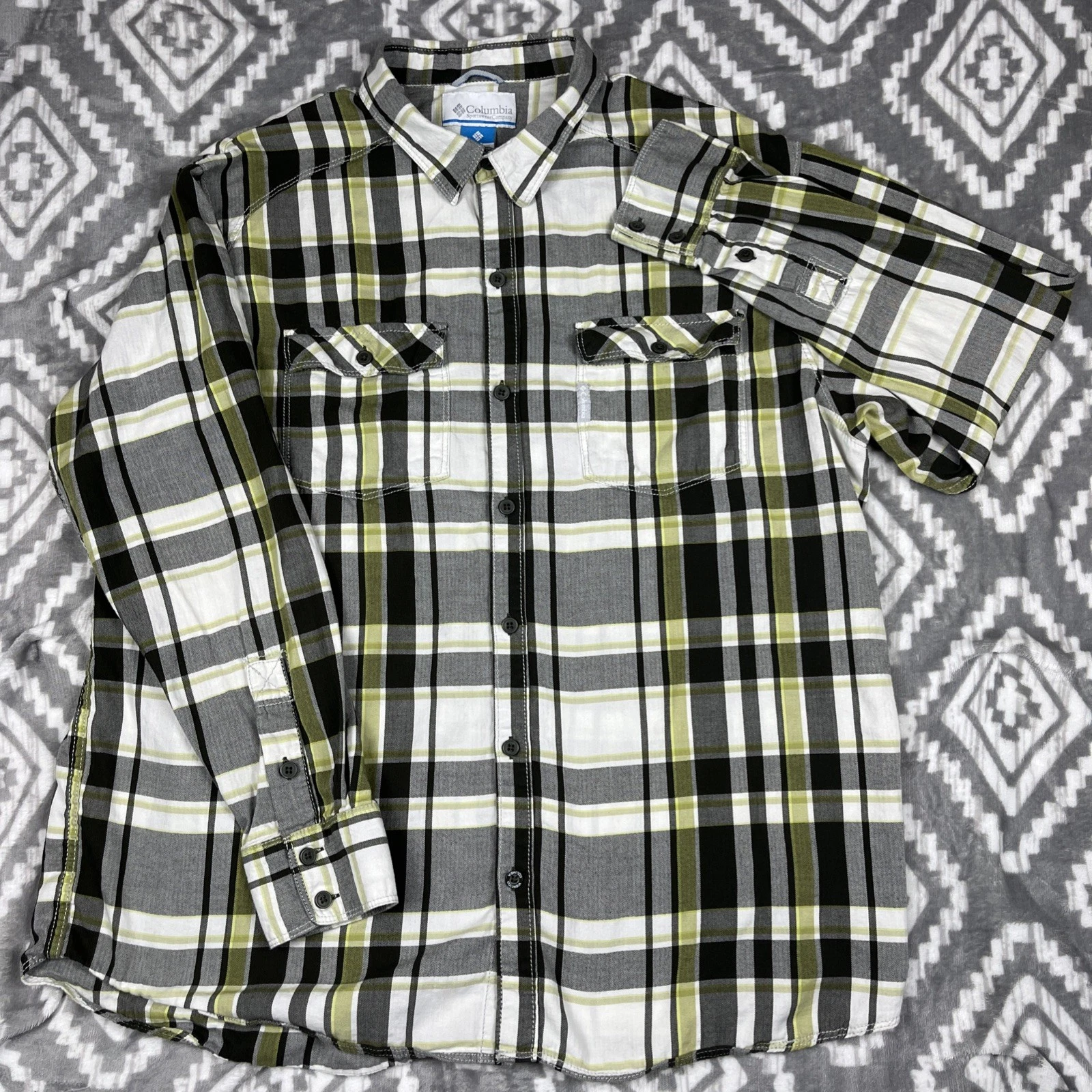 Columbia Shirt Mens XXL Green Plaid Flannel Button Up Long Sleeve Cotton Outdoor
