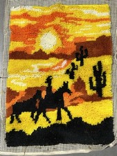 Vintage 70s Latch Hook Rug Western Cowboy Sunset Completed 20 X 27