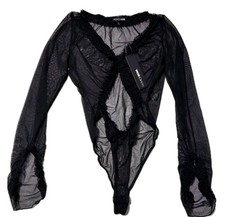 Fashion Nova Sunset Dreams Bodysuit Womens L Black Mesh Sheer Ruffle NWT