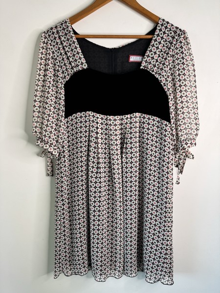 Review womens Geometric Black Velvet babydoll Dress Sheer Bow Sleeves Sz 12