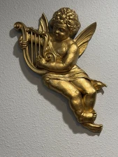 Vtg Syroco 1963 MCM Gold Cherub Playing Harp Wall Hanging Decor Angel Celestial