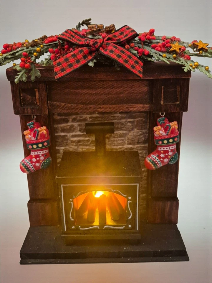 Dolls House Rustic Fireplace with Christmas Decorations and Working Fire OOAK UK - Image 2 of 3