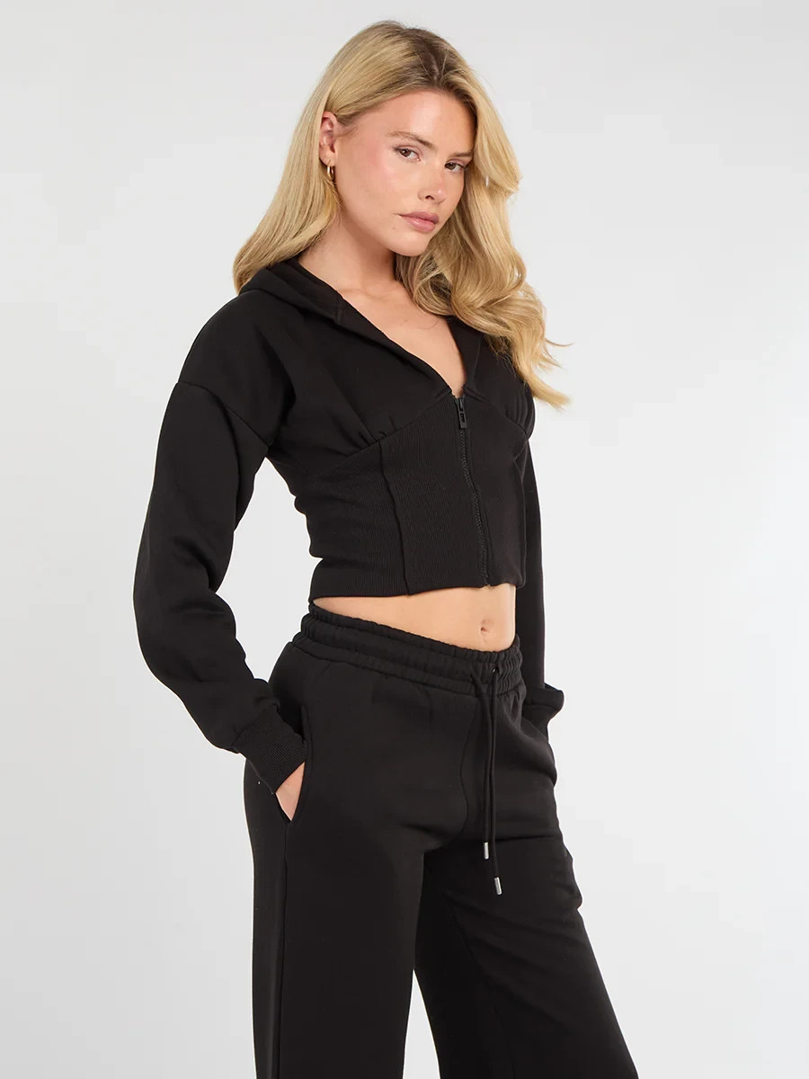 Set tuta donna corsetto cropped foderata in pile zip cappuccio pantaloni jogger foto 5
