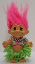 Vintage Russ Hawaiian Hula Dancer Troll Grass Skirt Pink Hair 5" Tall