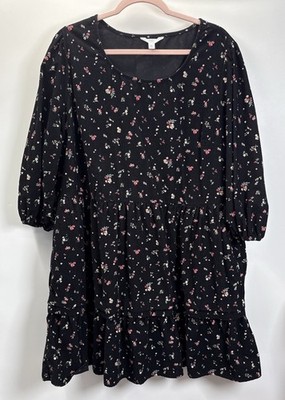 Time & Tru Corduroy Black Floral Puff Sleeve Tiered  XXL (20) Dress Cottagecore