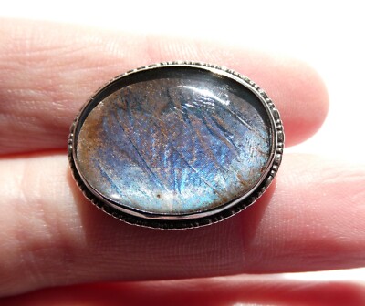 Antique England Sterling Silver Iridescent Butterfly Wing Brooch