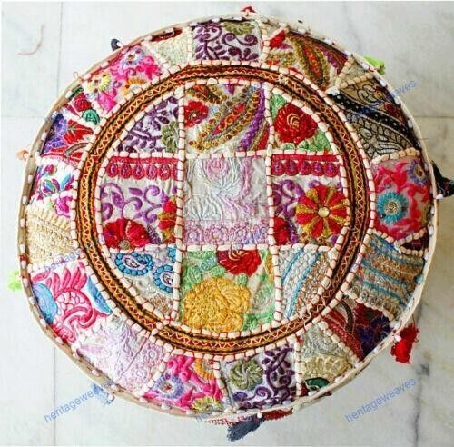 Indian Floral Cotton Foot Stool Seating Handcrafted Ottoman Pouf - Picture 3 of 6