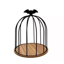 Target NWT Natural Wood Black Metal Decorative Bat Birdcage Cloche 7.5"HX7"D