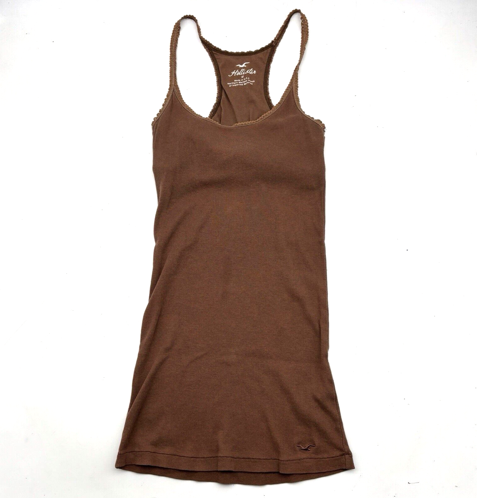Vintage 90s Y2K Hollister Brown Ribbed Shimmer Lace Trim Long Tank w/ Bra Size M
