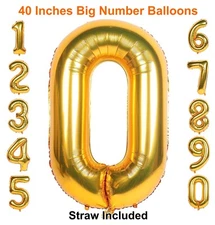 40 Inch Gold Number 0 - 9 Balloons, Large Giant Foil Mylar Helium Self Inflating