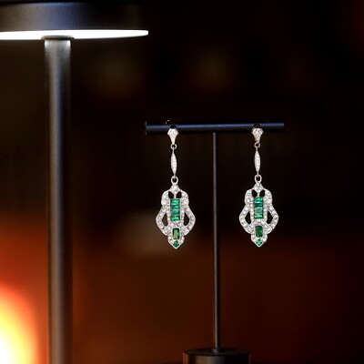 Boucles D'oreilles Clip Art Déco Strass Vert - Style Dentelle Great Gatsby - Neuf Sans Emballage