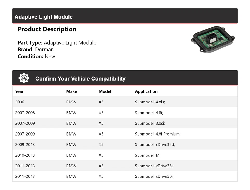 Módulo de luz adaptativa para BMW X5 Dorman 2006-2013 2007 2008 2009 2010 2011 2012 Foto 2 de 4
