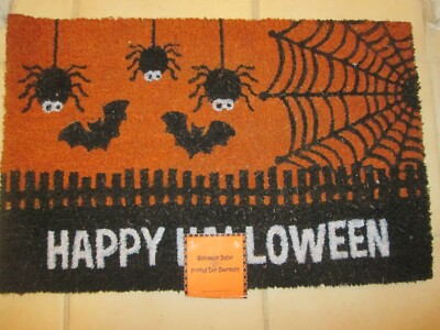 Happy Halloween Coir Doormat Spiders, Bats, Cobwebs 18'' X 28'' New With Tag