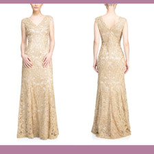 NEW 648 Tadashi Shoji 6 Kirameki Embroidered Lace Gown in Nude/Gold F483