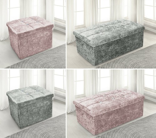 Crushed Velvet Diamante Ottoman Storage Box Folding Seat Stool Blush Pink Silver - Picture 10 of 18