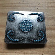 Vintage Silver Plated Inlay Turquoise Bead Flora Design Belt Buckle 2.75"W
