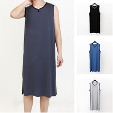 Chemise de Nuit Homme Coton, Robe Pyjama Col V, Bleu, Manches Sans