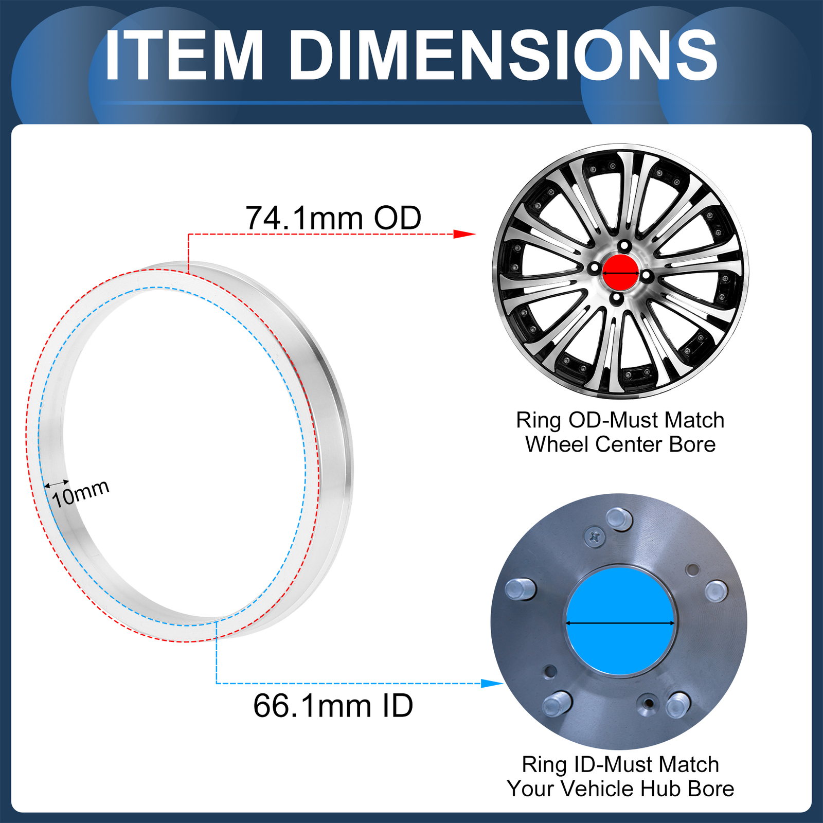 OD 74.1mm to ID 66.1mm Car Wheel Hub Centric Rings Aluminium Alloy 4 Pcs