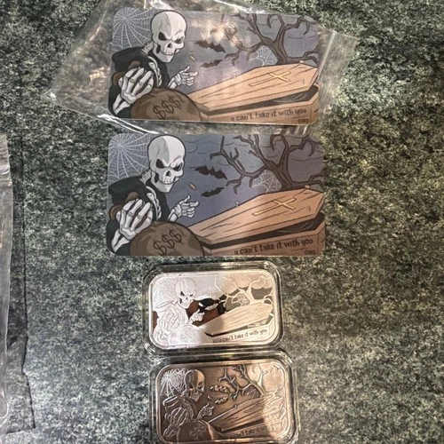 2x CMG Mint You Cant Take it With You 1 Oz .999 Silver Antiqued Proof Art Bar