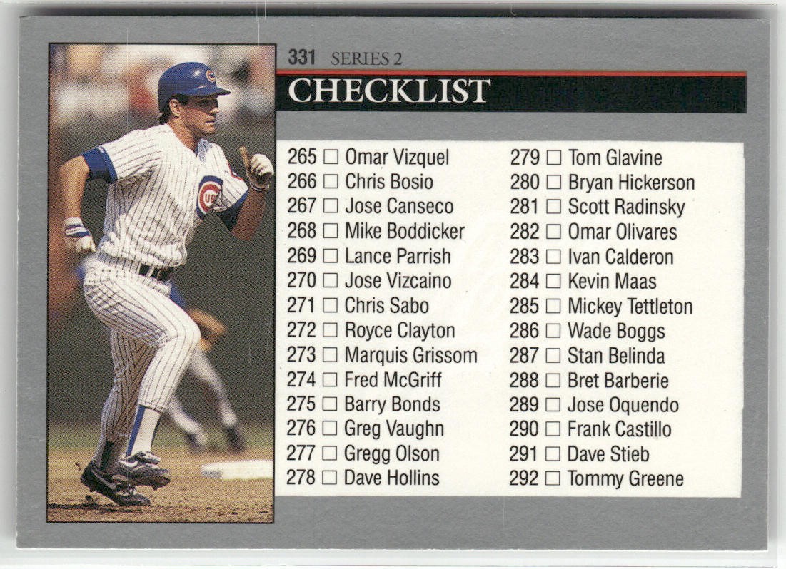 1992 LEAF #331 CHECKLIST: 265-352 RYNE SANDBERG