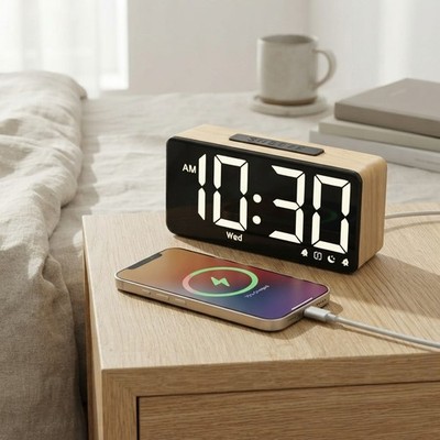 Elegante Digitaluhr mit Holzmaserung und 9 min Schlummerfunktion & Power-Off Memory Funktion