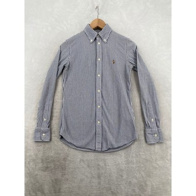 Ralph Lauren Knit Oxford Women Small Blue White Striped Button Down Pique  Shirt | eBay