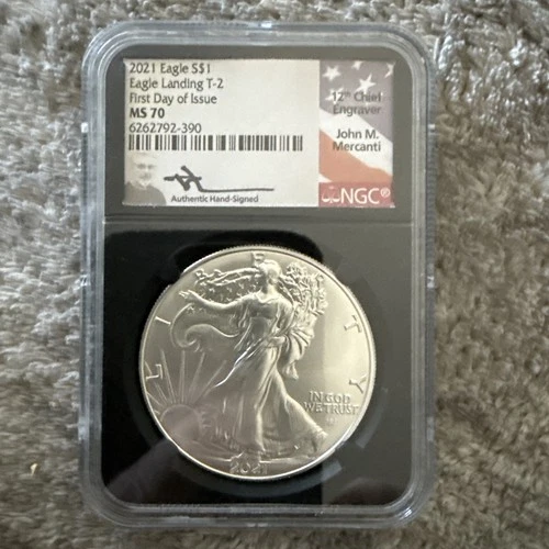 2021 SILVER EAGLE NGC MS70 JOHN MERCANTI SIGNED FDOI HERALDIC EAGLE TYPE 2