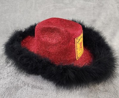 Fireball Whiskey Cowgirl Hat Womens One Size Red Black Glitter Feather Trim Rode