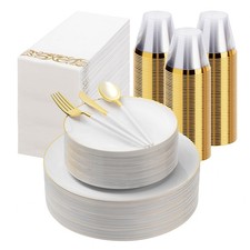 350 Pieces White Gold Plastic Dinnerware Set, Gold Disposable Plates for Part...