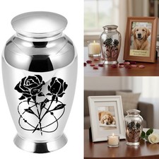Metal Pet Cremation Urn For Dog Cats Ashes Storage Elegant Pattern Safe Lid