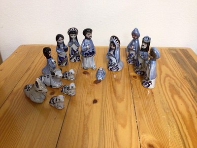 Vintage Estate 14 Piece Tonala Folk Art Mexican Pottery Nativity Set