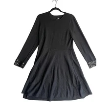 Jason Wu Black Knit Fit and Flare Long Sleeve Dress Sequin Cuff Career Casual L