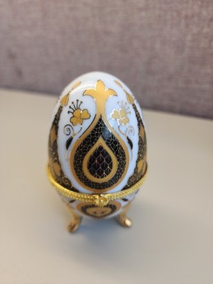 Three-Legged Egg-Shaped Porcelain Trinket Box Gold and Black on White