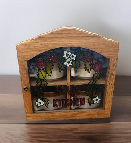 Vtg Wooden Soup Bowl Cabinet Hutch Stained Glass Display Case Hanging Cottage