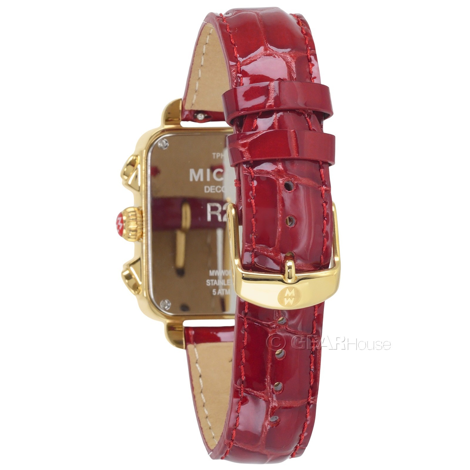 MICHELE Deco Sport Women 18k Gold Plated Watch Chronograph Dial Ruby Red Leather