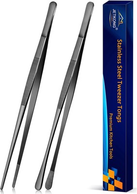 JETKONG 2 Pcs 12-Inch Kitchen Tweezers Tongs with Precision 12+12inch, Black 