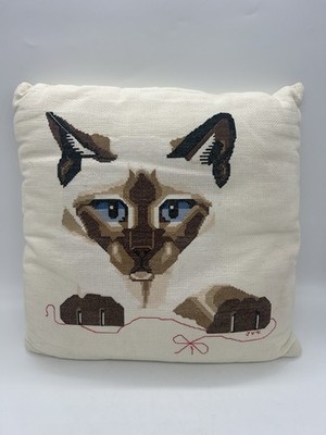 Cat 2 Sided Vintage Cross Stitch  Embroidered Grandma Country Cottage Pillow 14''