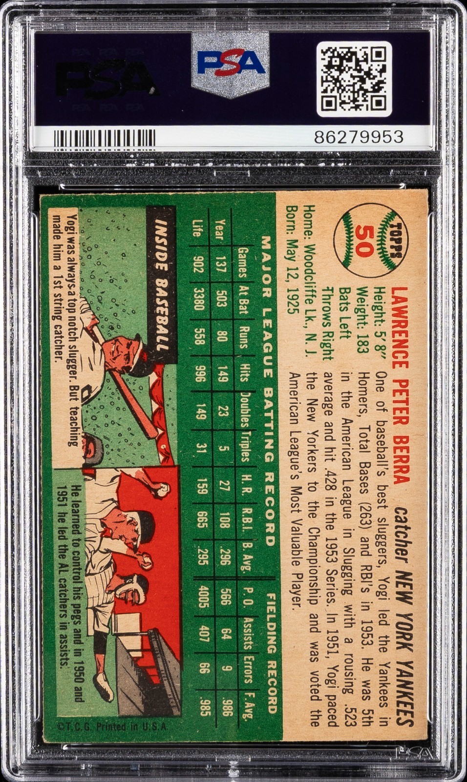 1954 TOPPS #50 YOGI BERRA PSA 5 YANKEES HOF VINTAGE view 2