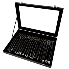 Black 20 Hooks Velvet Necklace Organizer Box Necklace Holder Tray with Clear Lid