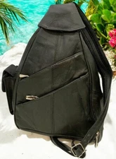 BLACK COWHIDE LEATHER UNISEX  BACKPACK SHOULDER BAG TRAVEL ORGANIZER