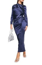 ASOS Long Sleeve Satin Draped Maxi Dress SZ 6 US Navy