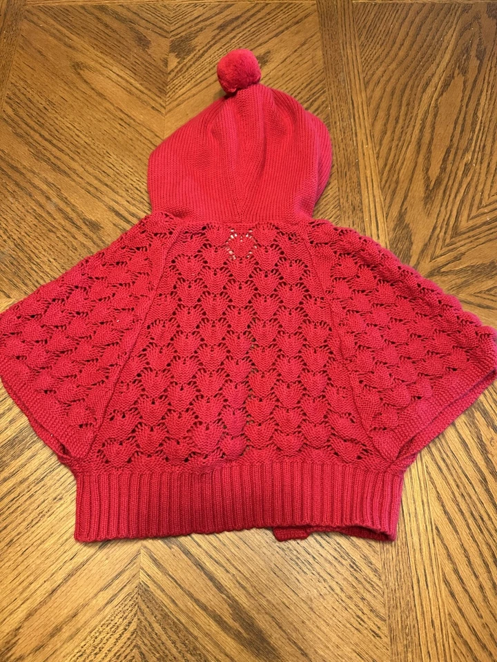 Toddler Girls 2T  GENUINE KIDS From OSHKOSH Red Hooded Knit Poncho Sweater - Image 2 of 4
