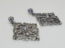 Rhinestone Scroll Design Pierced Earrings Dangle Aurora Borealis 1.5"