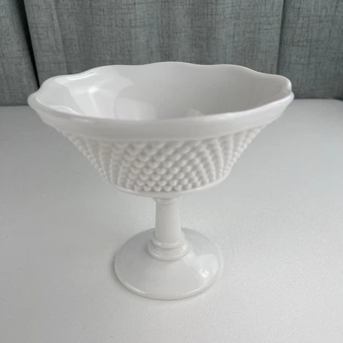 VTG Pedestal Compote Bowl Candy Dish Hobnail White Milk Glass Mid Century Modern
