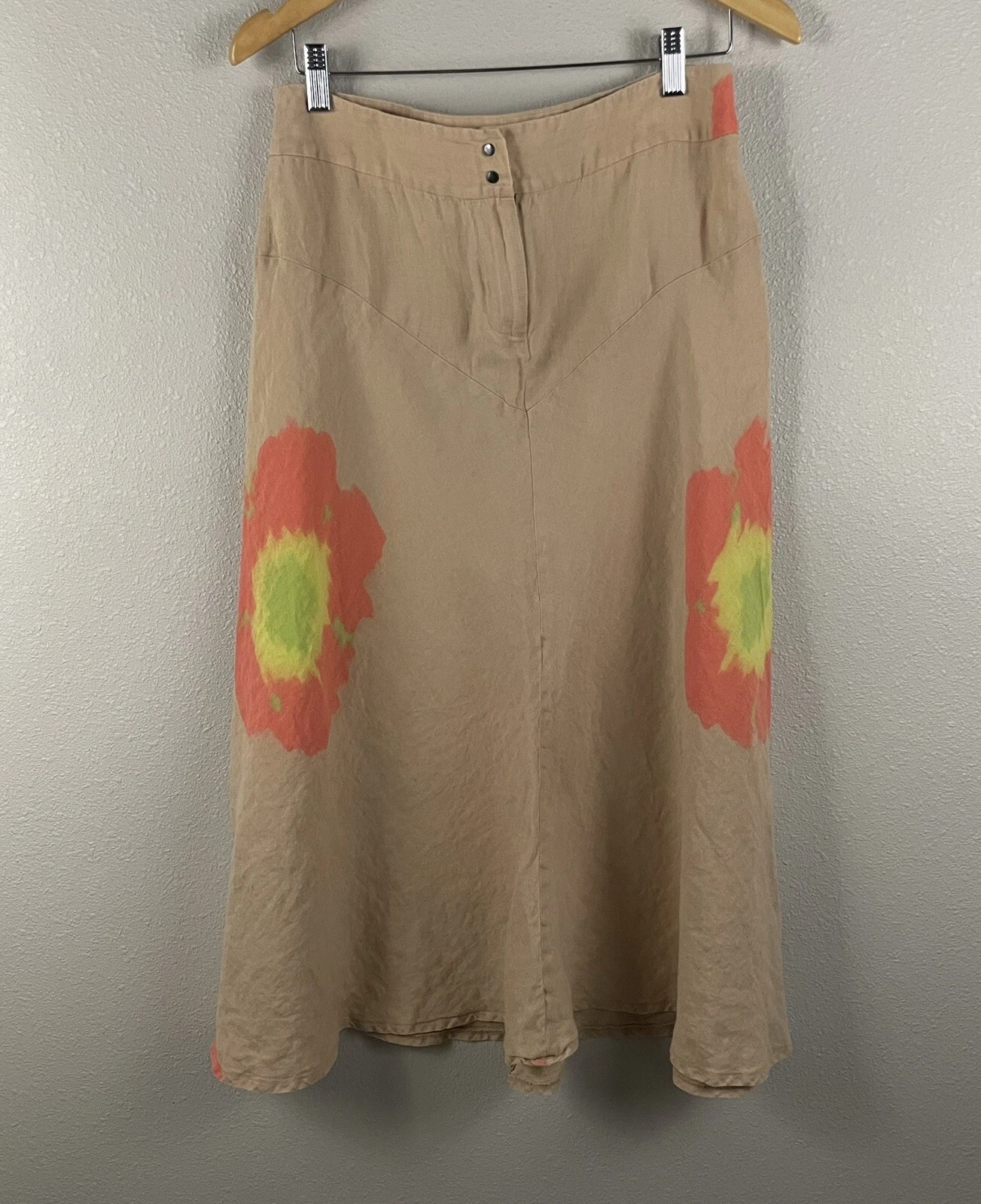 Babette Womens S 100% Linen Beige With Floral Print Artsy Lagenlook Midi Skirt